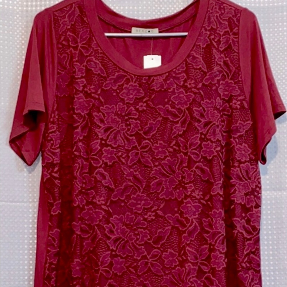 Beacon Marlene Lace Front Knit Top Burgundy 2X SF